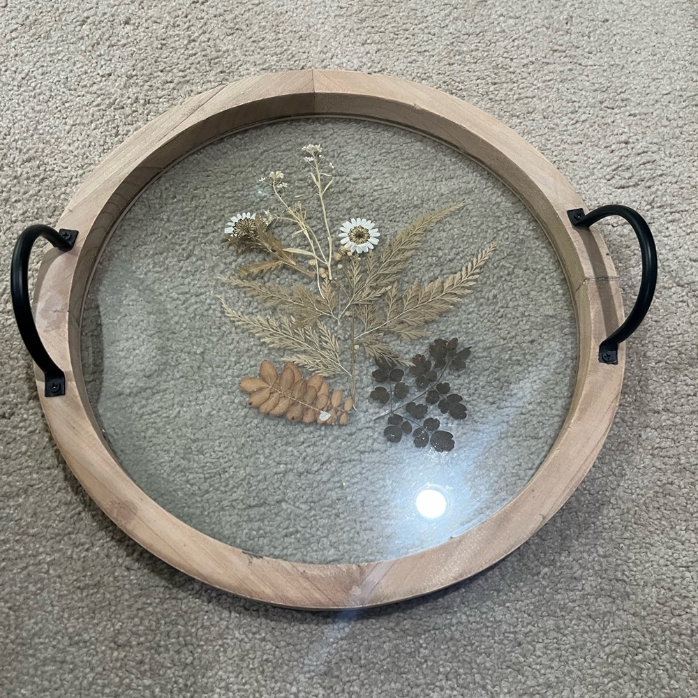 Round Wooden Tray with Pressed Flowers